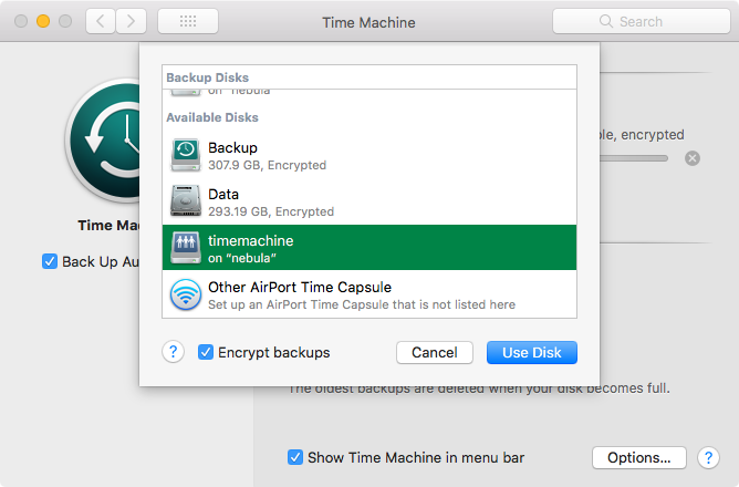 Selecting Time Machine disk